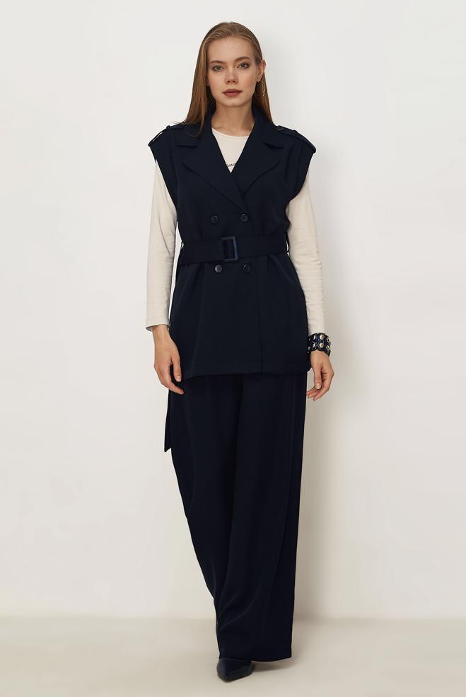 Hijab clothing NAVY BLUE BELTED PANTSUIT 46392 - ALVİNA