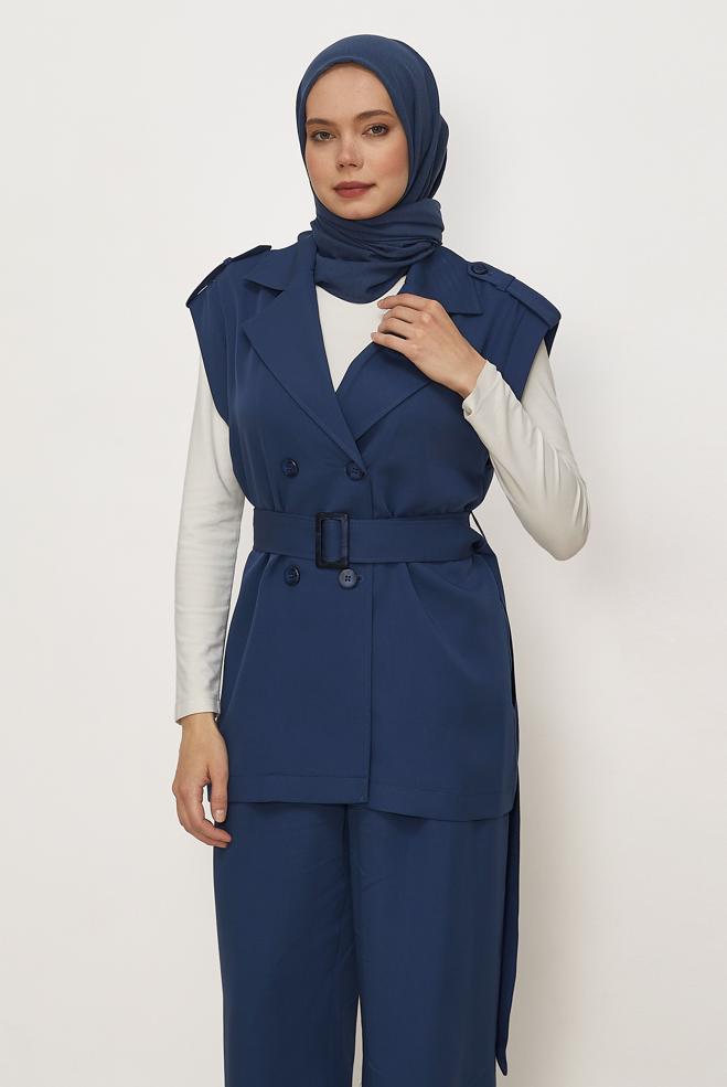 Hijab clothing NAVY BLUE BELTED PANTSUIT 46392 - ALVİNA