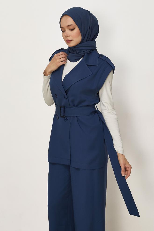 Hijab clothing NAVY BLUE BELTED PANTSUIT 46392 - ALVİNA
