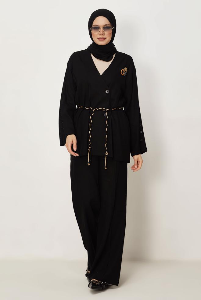 Hijab-Kleidung SCHWARZ LEINENHOSEN-SET MIT GÜRTEL 46394 - ALVİNA