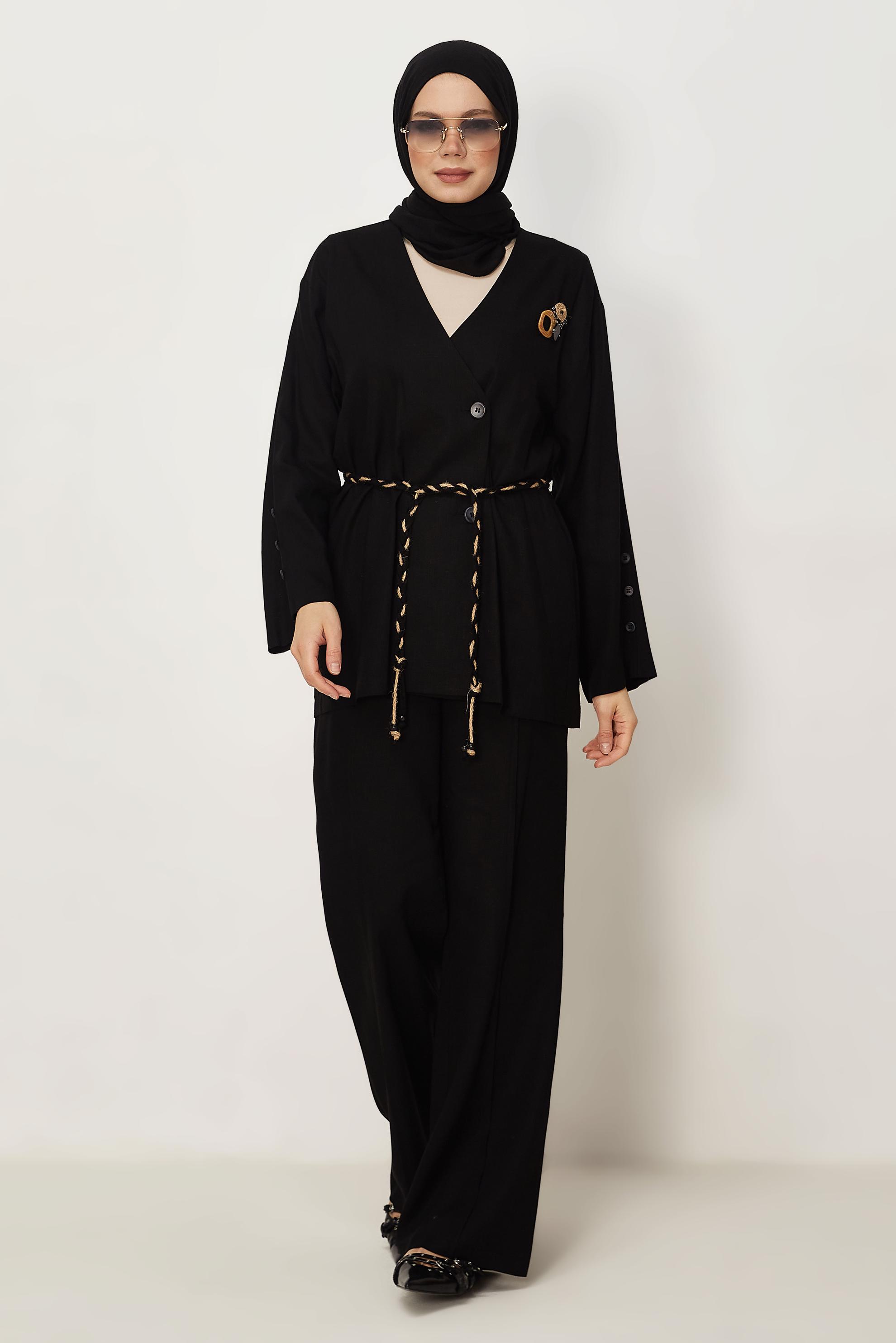 Hijab-Kleidung SCHWARZ LEINENHOSEN-SET MIT GÜRTEL 46394
