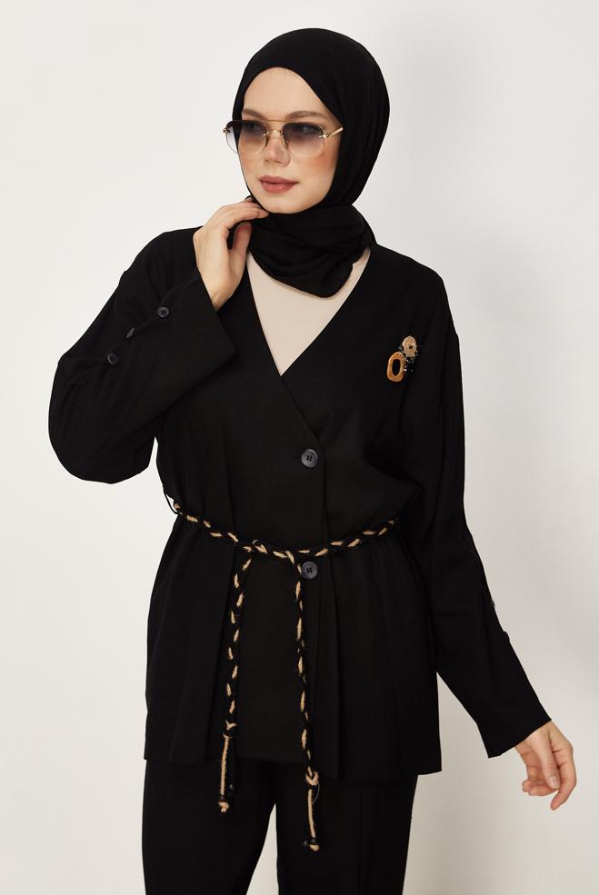 Hijab-Kleidung SCHWARZ LEINENHOSEN-SET MIT GÜRTEL 46394 - ALVİNA