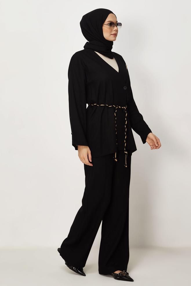 Hijab-Kleidung SCHWARZ LEINENHOSEN-SET MIT GÜRTEL 46394 - ALVİNA