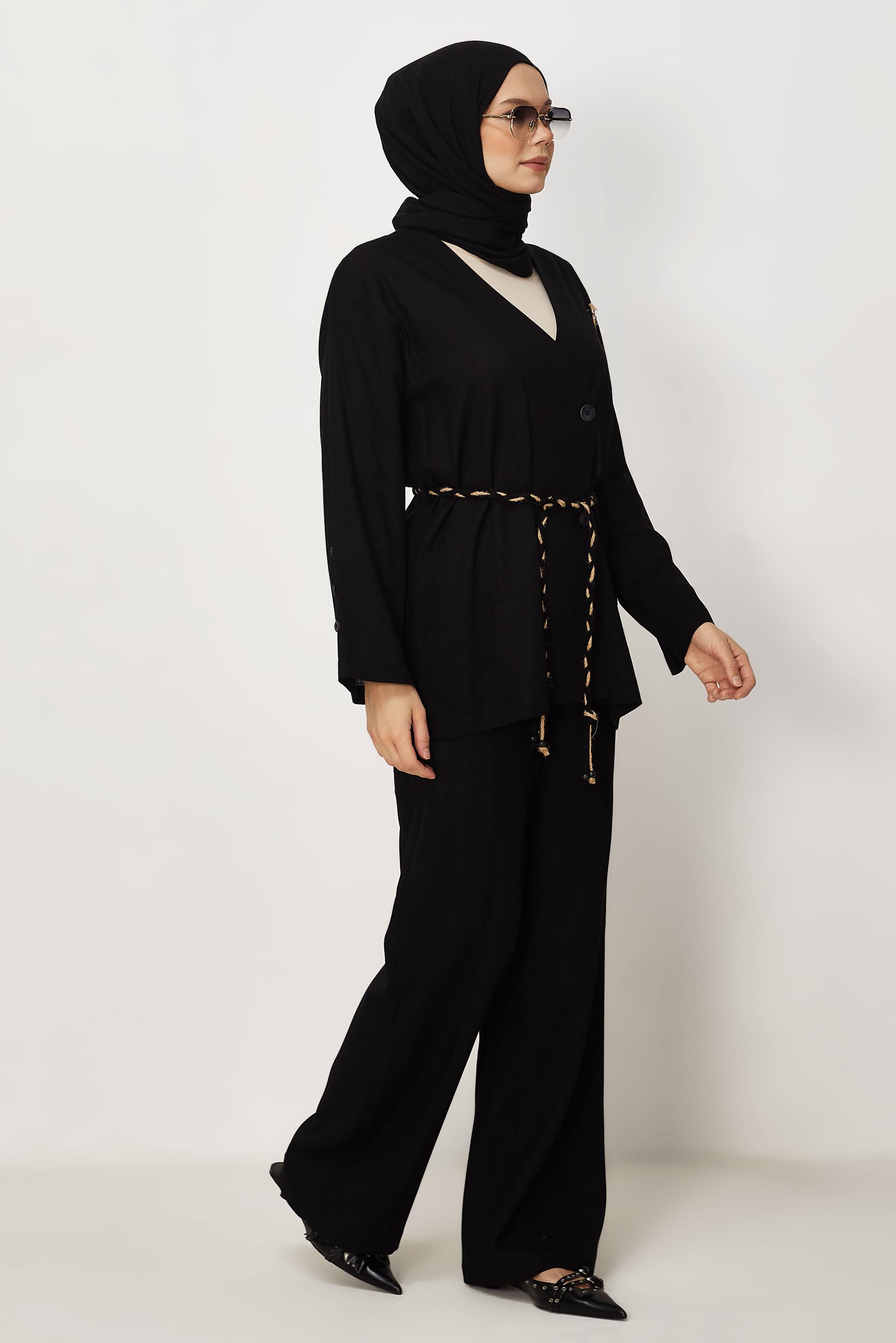 Hijab-Kleidung SCHWARZ LEINENHOSEN-SET MIT GÜRTEL 46394