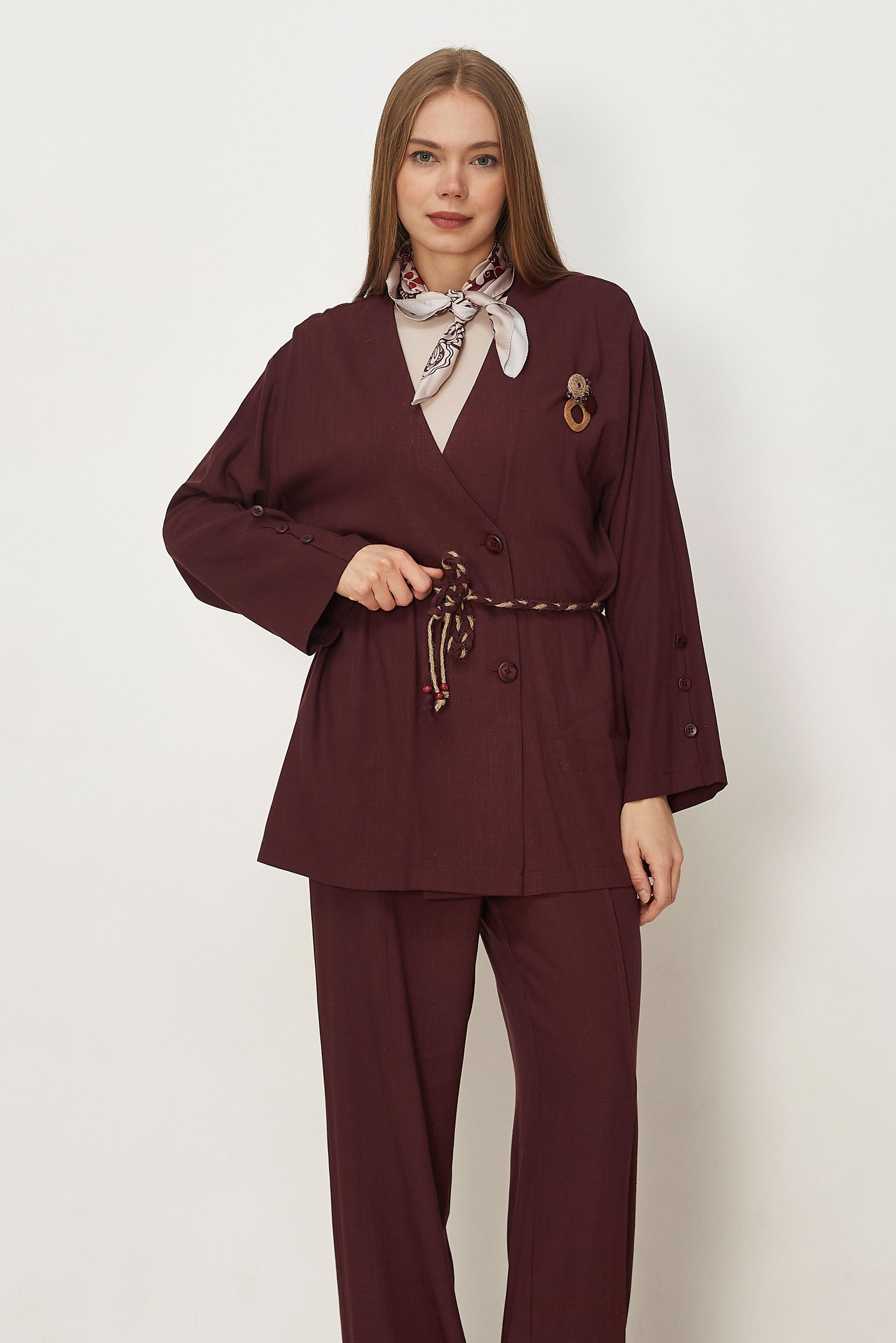 Hijab-Kleidung BURGUND LEINENHOSEN-SET MIT GÜRTEL 46394