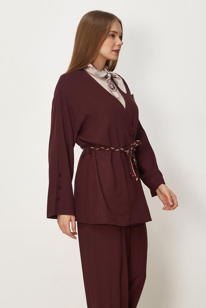 Hijab-Kleidung BURGUND LEINENHOSEN-SET MIT GÜRTEL 46394 - ALVİNA