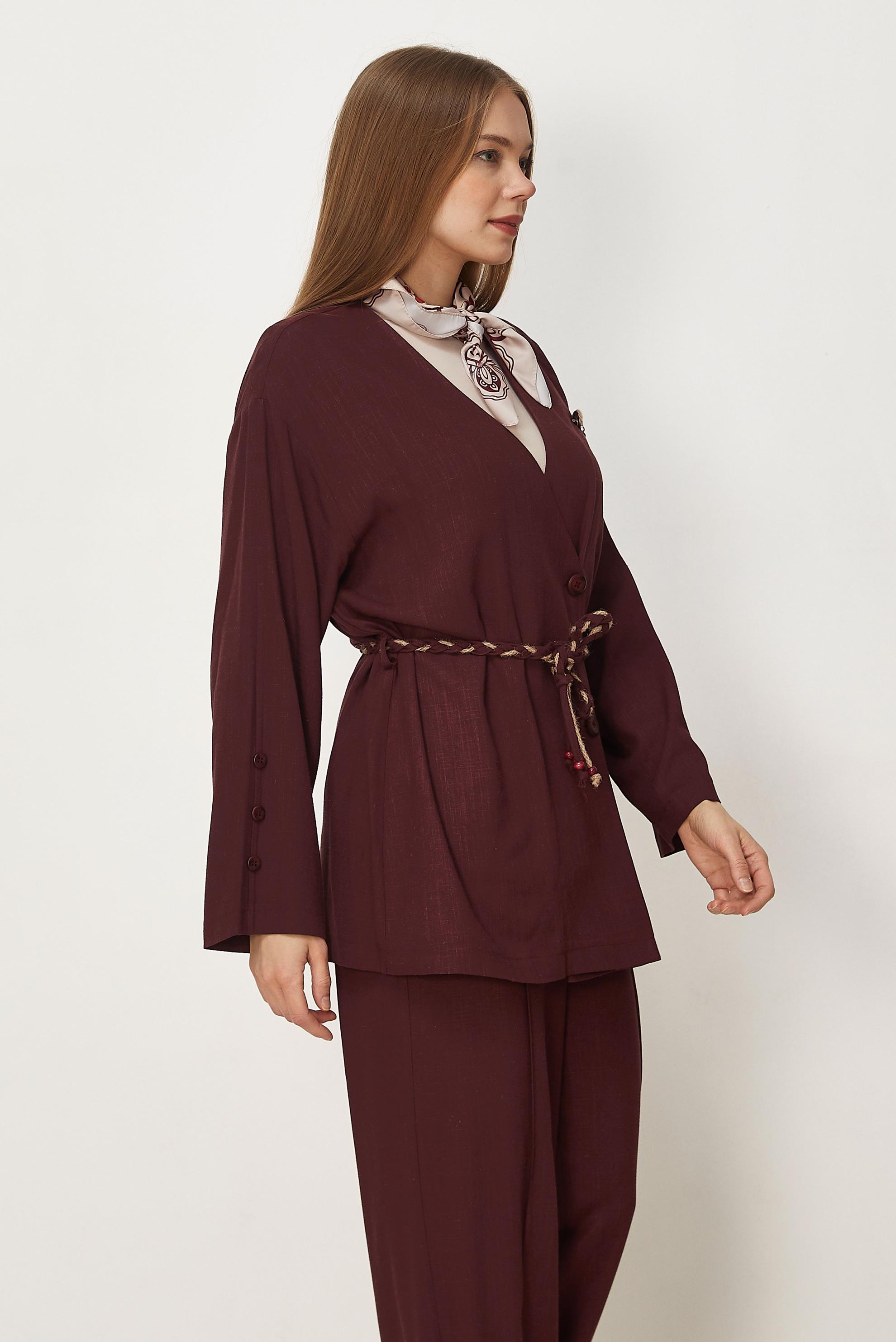 Hijab-Kleidung BURGUND LEINENHOSEN-SET MIT GÜRTEL 46394