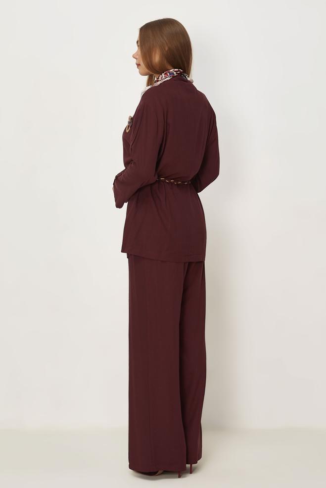 Hijab-Kleidung BURGUND LEINENHOSEN-SET MIT GÜRTEL 46394 - ALVİNA