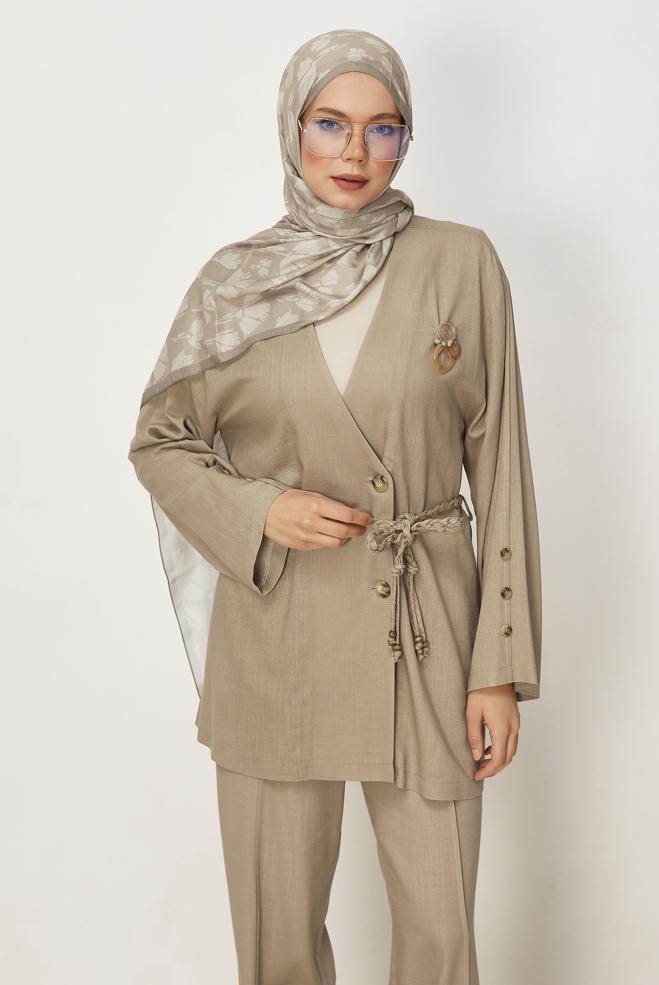 Hijab-Kleidung BRAUN LEINENHOSEN-SET MIT GÜRTEL 46394 - ALVİNA