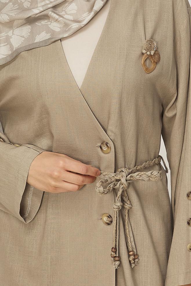 Hijab-Kleidung BRAUN LEINENHOSEN-SET MIT GÜRTEL 46394 - ALVİNA