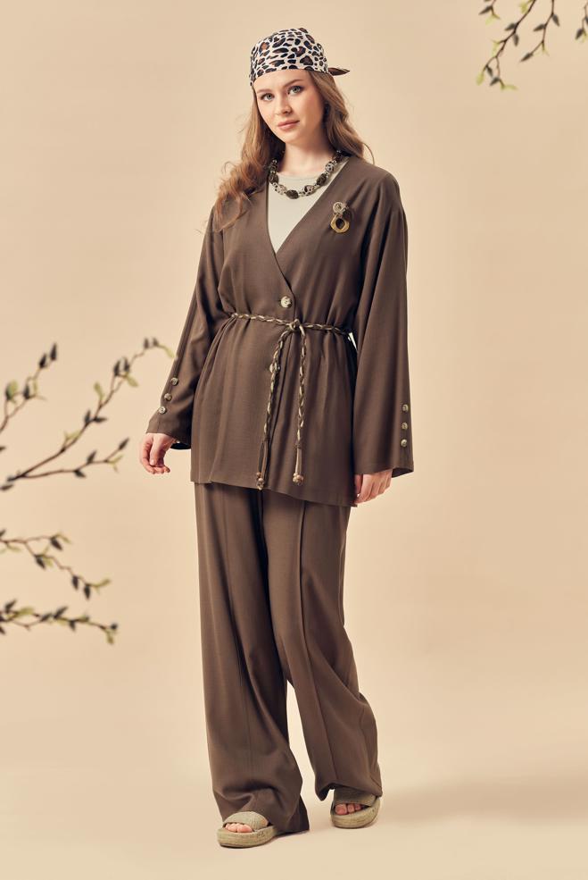Hijab-Kleidung BRAUN LEINENHOSEN-SET MIT GÜRTEL 46394 - ALVİNA