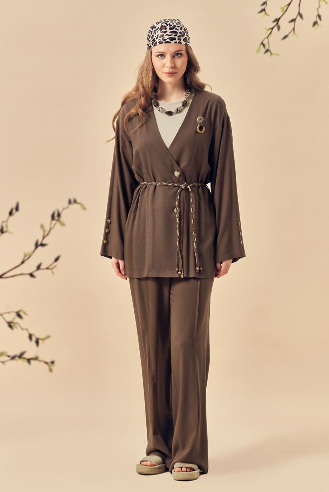 Hijab-Kleidung BRAUN LEINENHOSEN-SET MIT GÜRTEL 46394 - ALVİNA