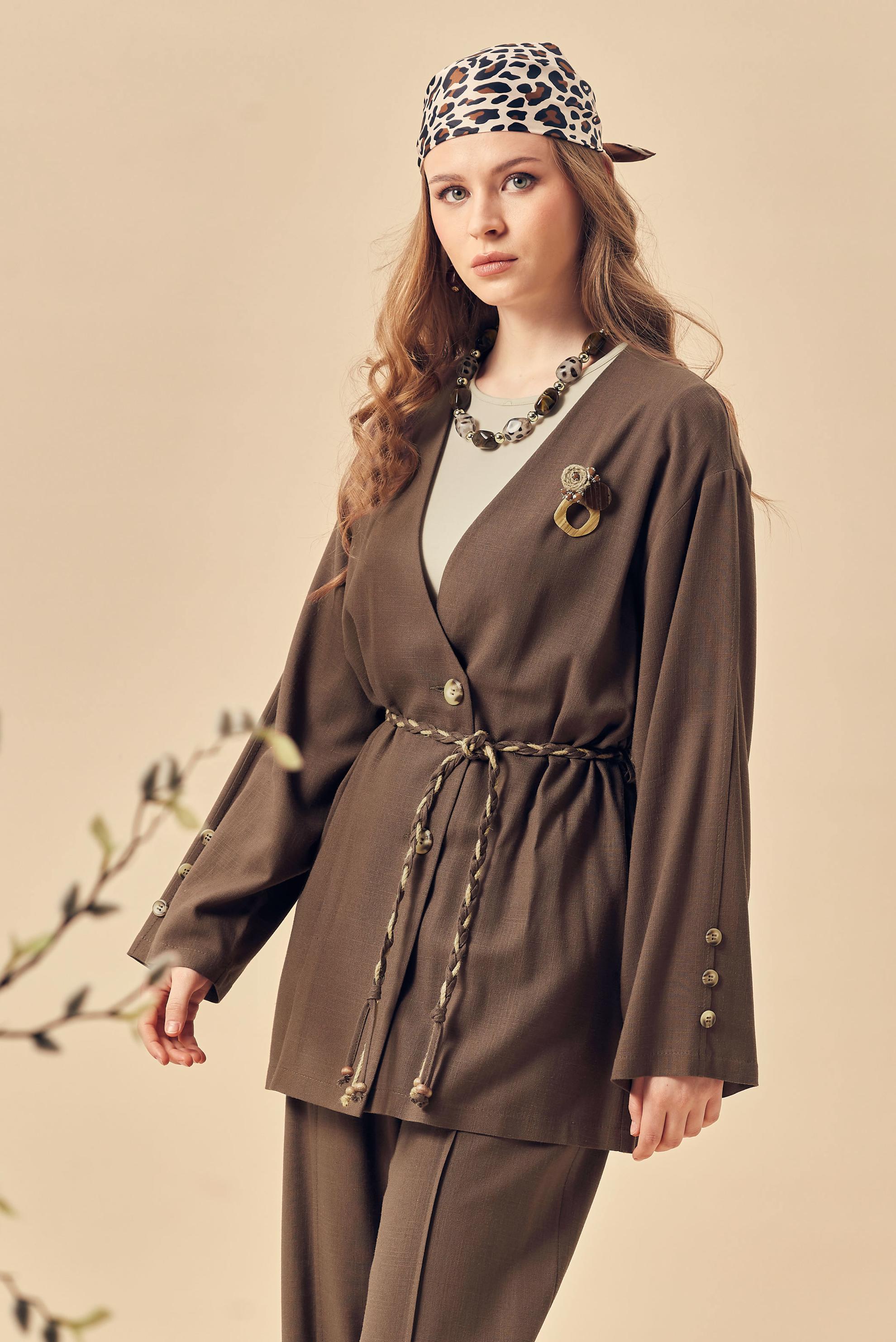 Hijab-Kleidung BRAUN LEINENHOSEN-SET MIT GÜRTEL 46394