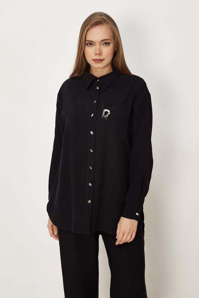 Hijab-Kleidung SCHWARZ HOSENANZUG MIT HEMDKRAGEN 46399 - ALVİNA