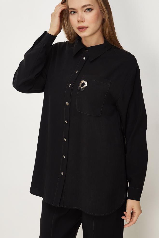 Hijab-Kleidung SCHWARZ HOSENANZUG MIT HEMDKRAGEN 46399 - ALVİNA