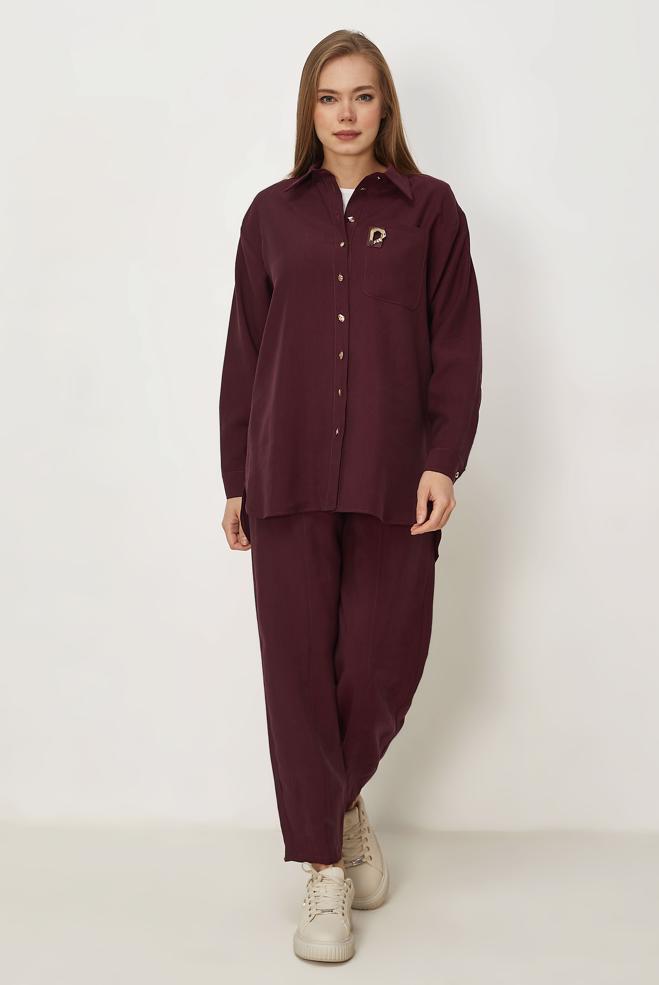 Hijab-Kleidung BURGUND HOSENANZUG MIT HEMDKRAGEN 46399 - ALVİNA