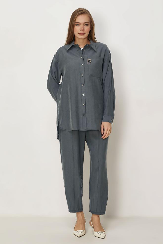 Hijab-Kleidung GRAU HOSENANZUG MIT HEMDKRAGEN 46399 - ALVİNA