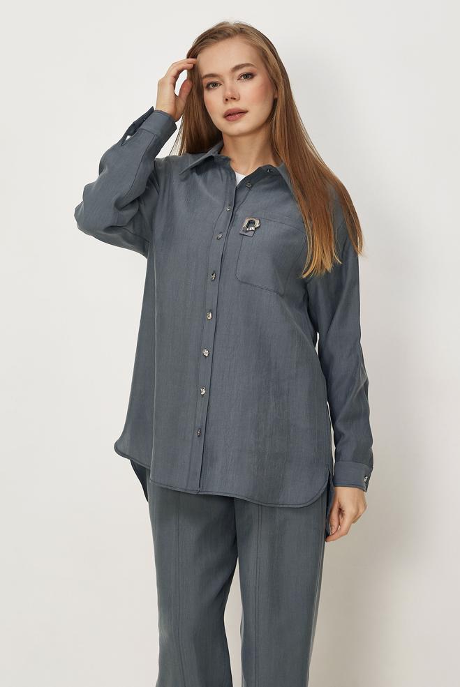 Hijab-Kleidung GRAU HOSENANZUG MIT HEMDKRAGEN 46399 - ALVİNA