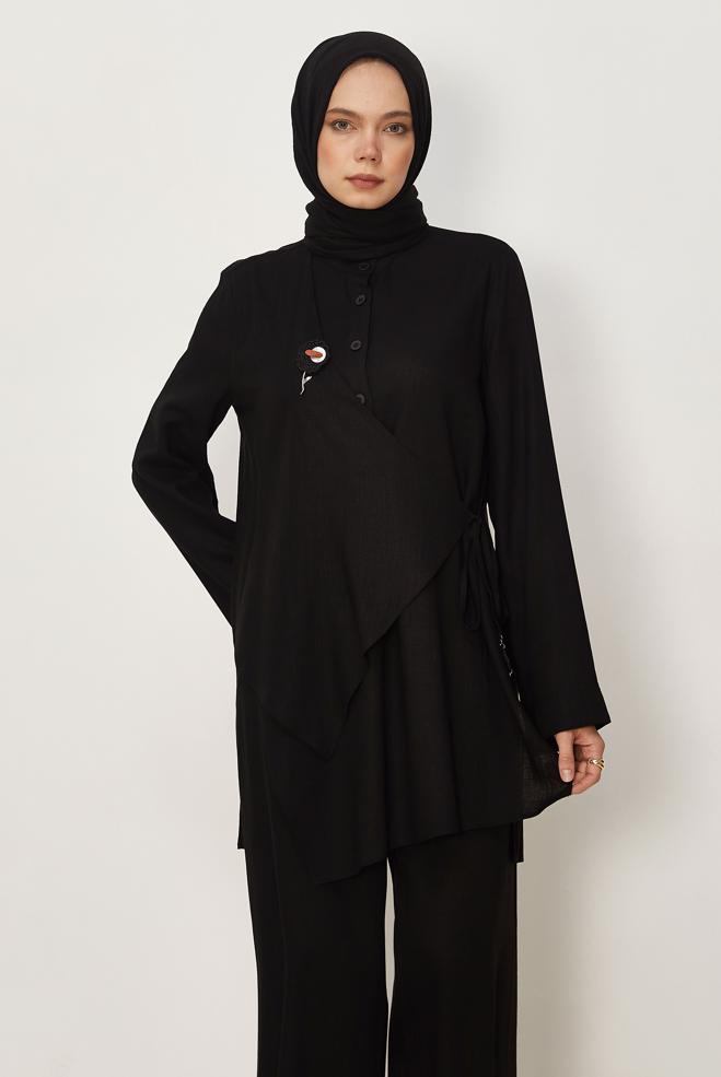 Hijab clothing BLACK ASYMMETRICAL CUT LINEN PANTSUIT 46437 - ALVİNA