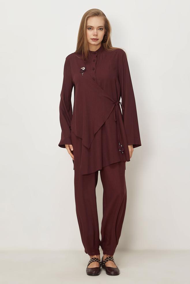 Hijab clothing BEIGE ASYMMETRICAL CUT LINEN PANTSUIT 46437 - ALVİNA