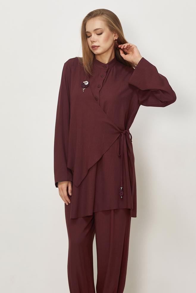 Hijab clothing BEIGE ASYMMETRICAL CUT LINEN PANTSUIT 46437 - ALVİNA