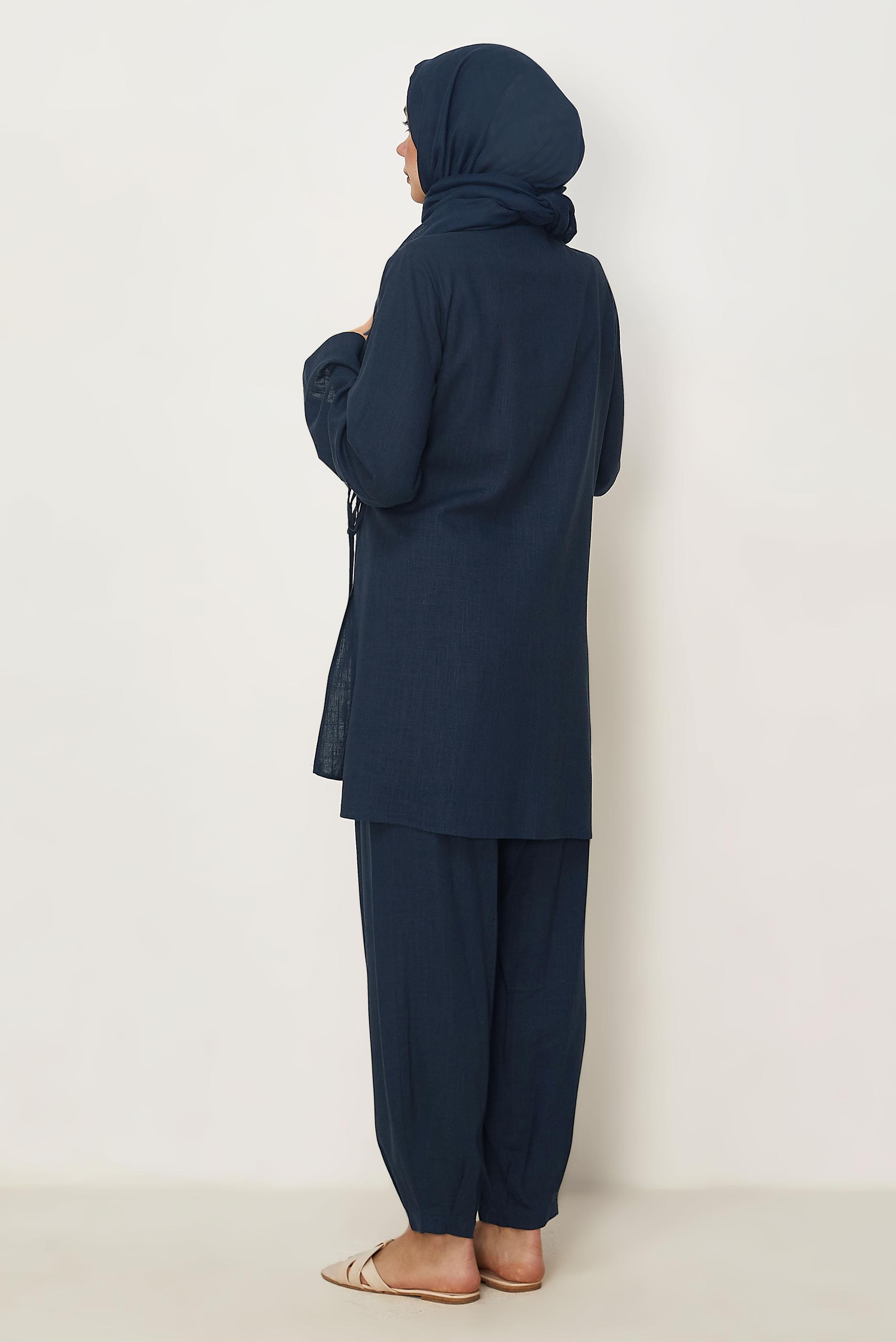Hijab clothing NAVY BLUE ASYMMETRICAL CUT LINEN PANTSUIT 46437