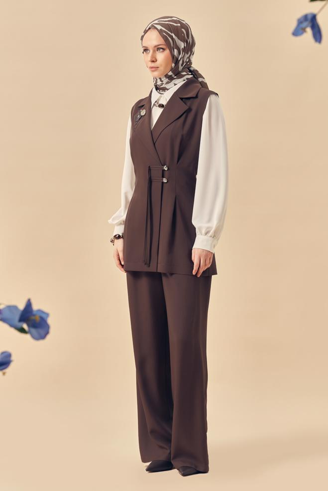 Hijab clothing BROWN PANTSUIT WITH VEST 46440 - ALVİNA