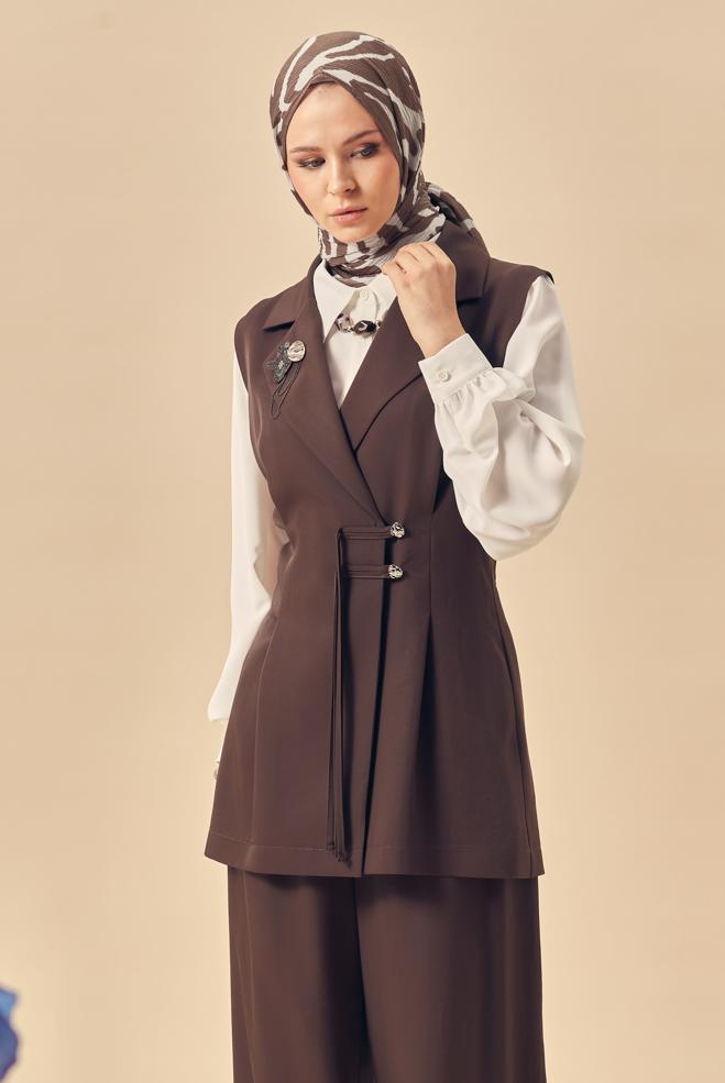 Hijab clothing BROWN PANTSUIT WITH VEST 46440 - ALVİNA