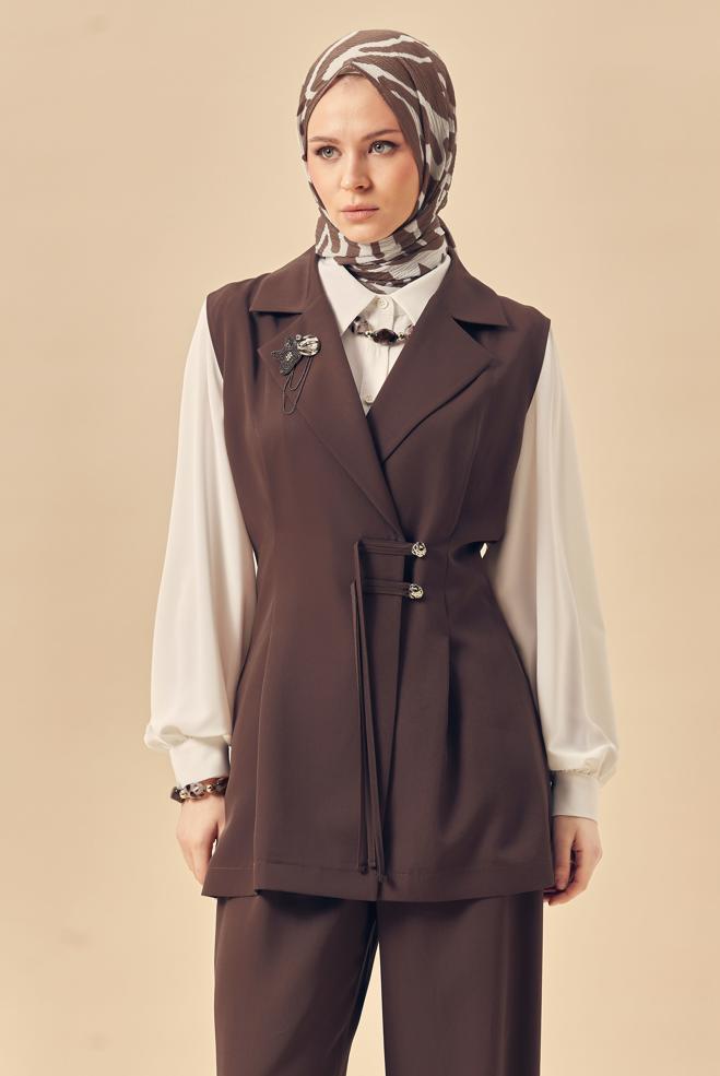 Hijab clothing BROWN PANTSUIT WITH VEST 46440 - ALVİNA