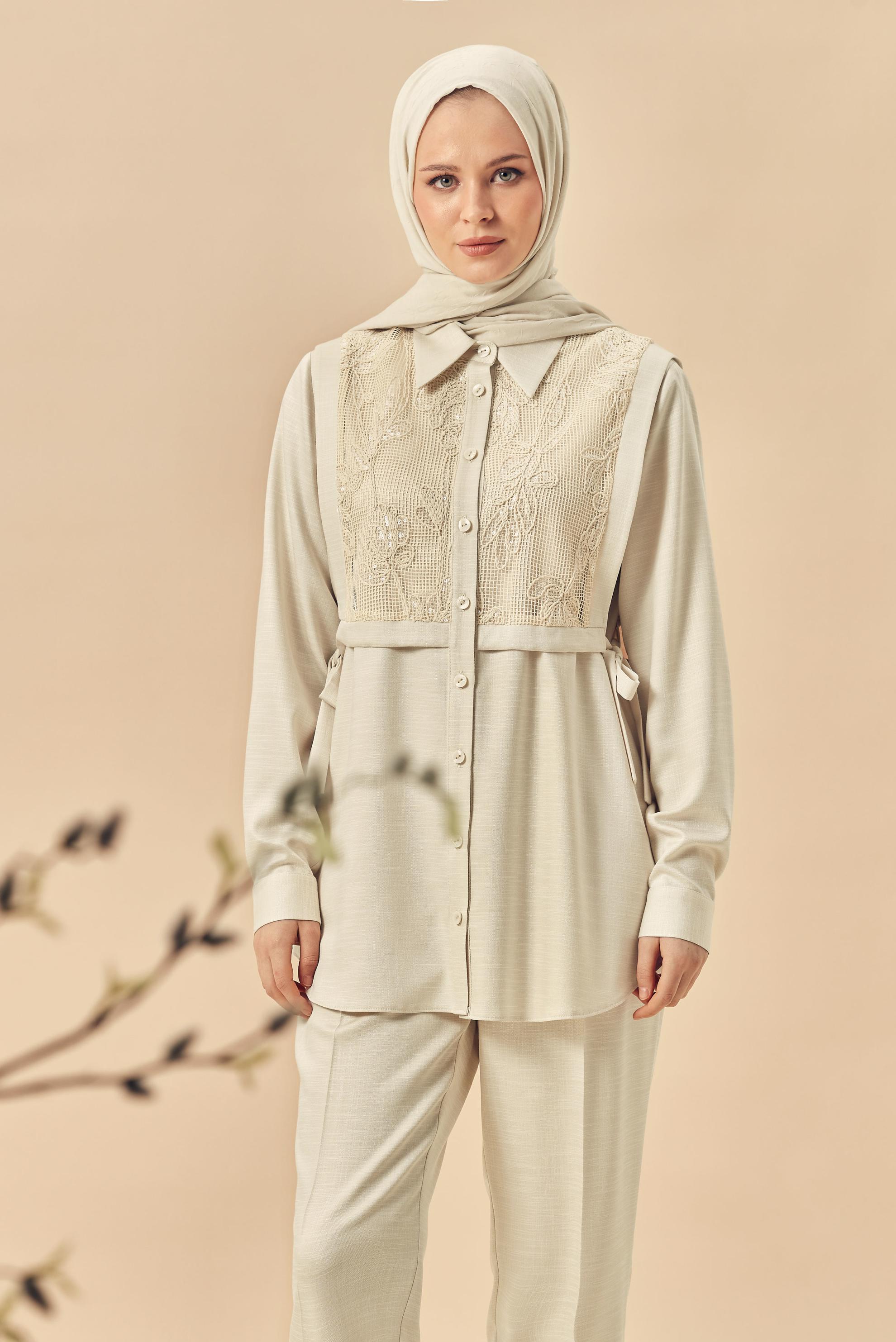 Tesettür giyim KAHVE FİLE DETAYLI PANTOLONLU TAKIM 46452