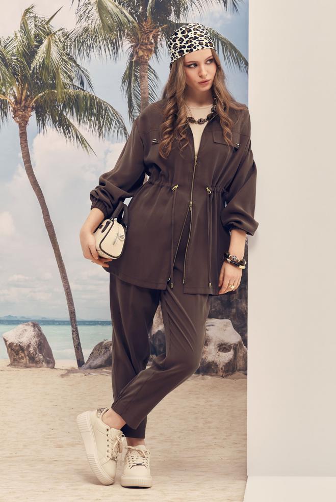 Hijab-Kleidung BRAUN MODAL-HOSENANZUG MIT GESMOKTER TAILLE 46459 - ALVİNA