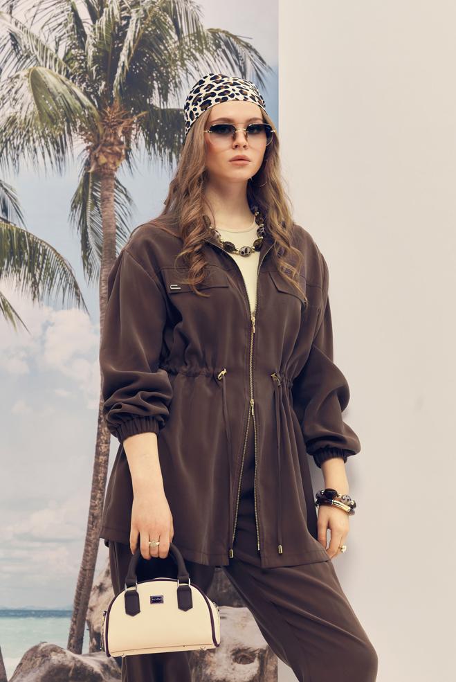 Hijab-Kleidung BRAUN MODAL-HOSENANZUG MIT GESMOKTER TAILLE 46459 - ALVİNA