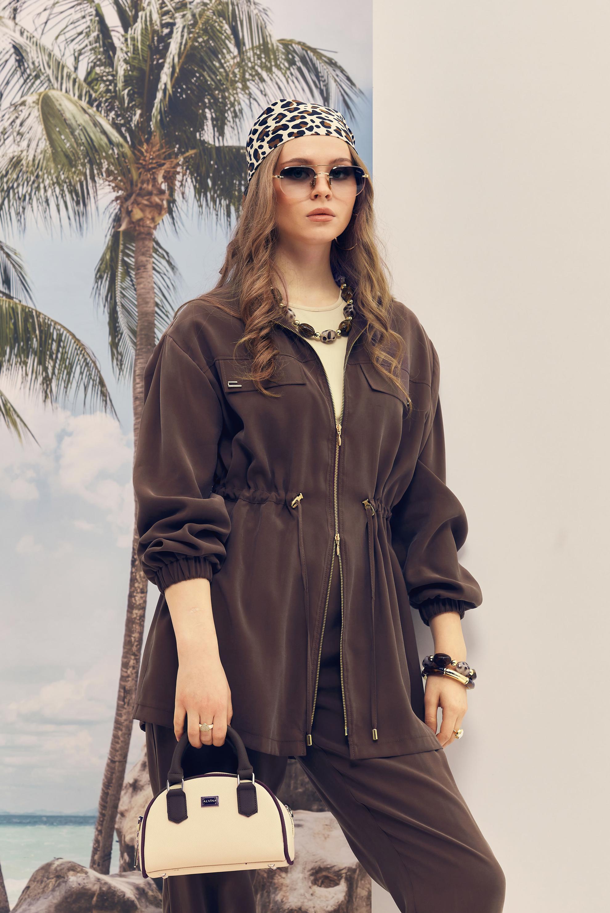 Hijab-Kleidung BRAUN MODAL-HOSENANZUG MIT GESMOKTER TAILLE 46459