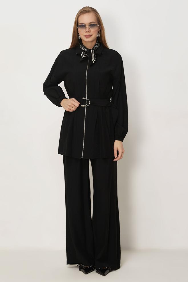 Hijab-Kleidung SCHWARZ HOSENANZUG MIT GÜRTEL 46486 - ALVİNA