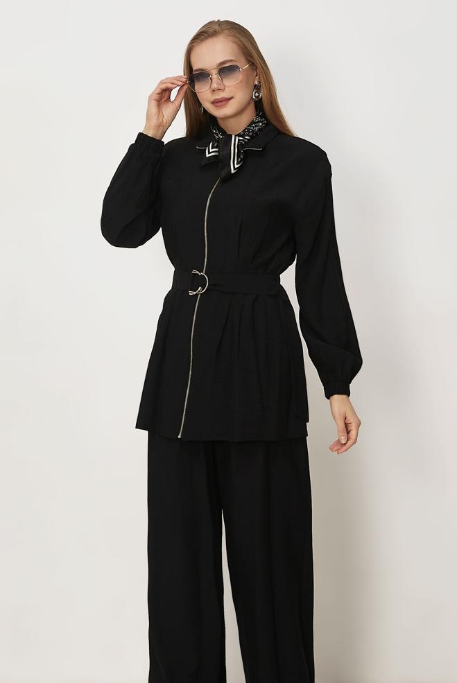 Hijab-Kleidung SCHWARZ HOSENANZUG MIT GÜRTEL 46486 - ALVİNA