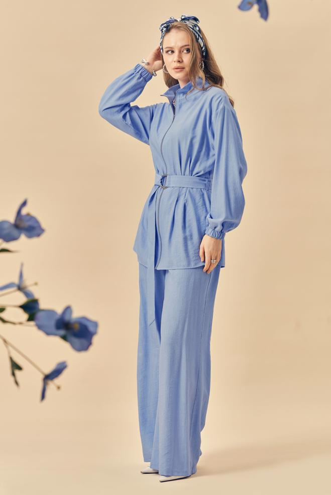 Hijab-Kleidung BLAU HOSENANZUG MIT GÜRTEL 46486 - ALVİNA
