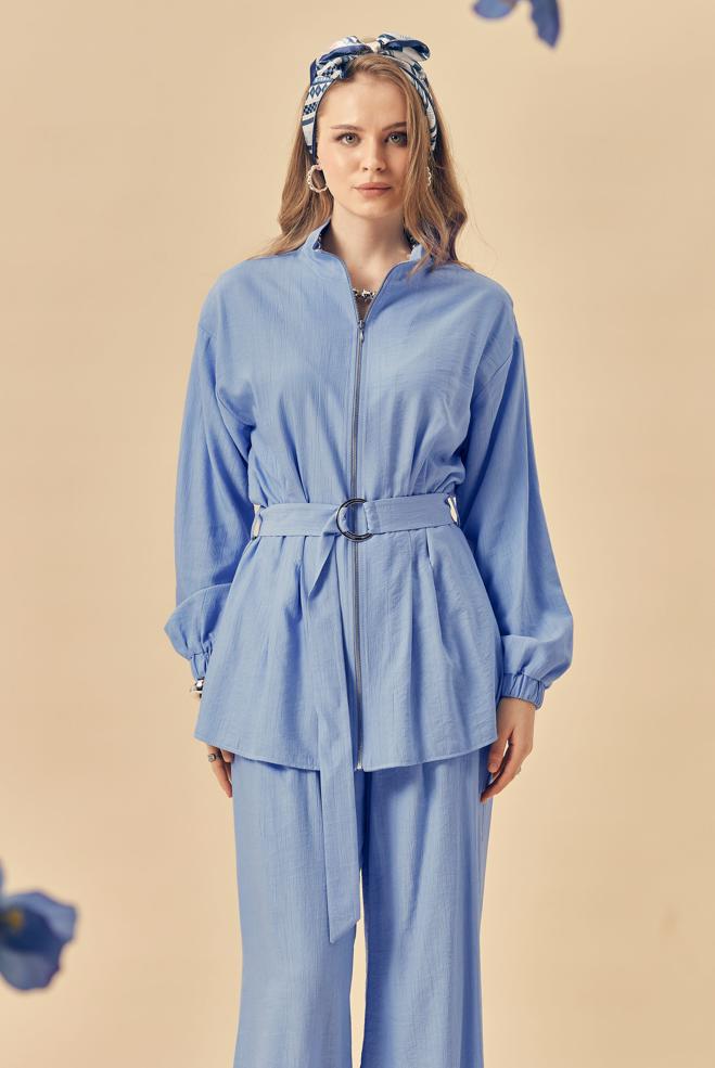 Hijab-Kleidung BLAU HOSENANZUG MIT GÜRTEL 46486 - ALVİNA