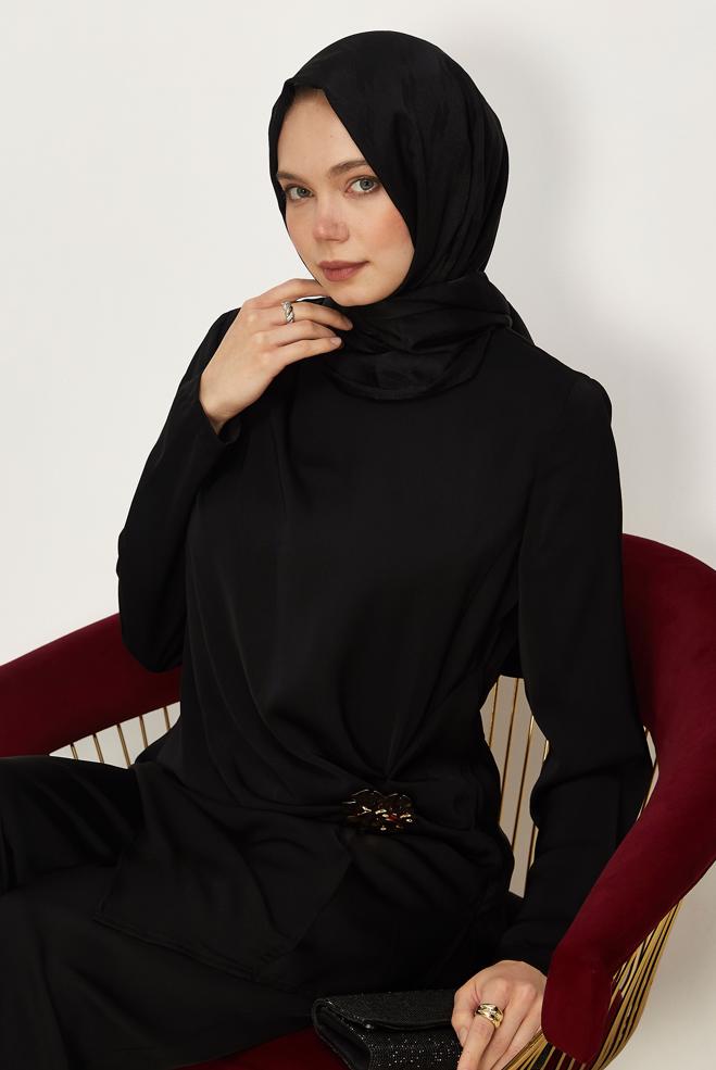 Hijab clothing BLACK SATIN PANTSUIT 46487 - ALVİNA