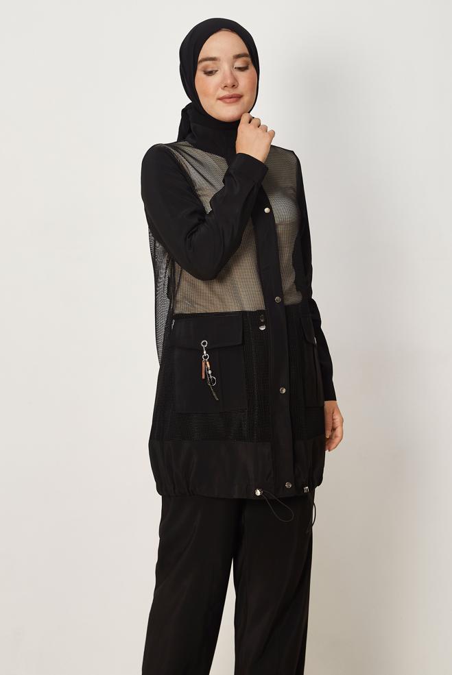 Tesettür giyim SİYAH FİLELİ PARAŞÜT KUMAŞ PANTOLONLU TAKIM 46502 - ALVİNA