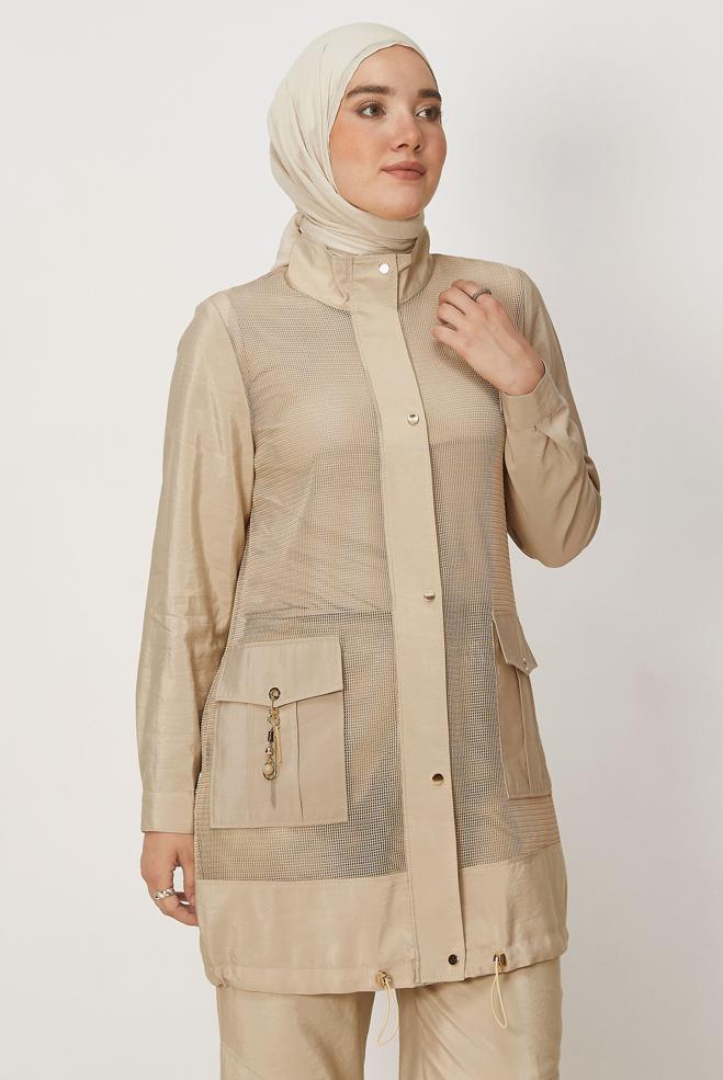 Tesettür giyim BEJ FİLELİ PARAŞÜT KUMAŞ PANTOLONLU TAKIM 46502 - ALVİNA