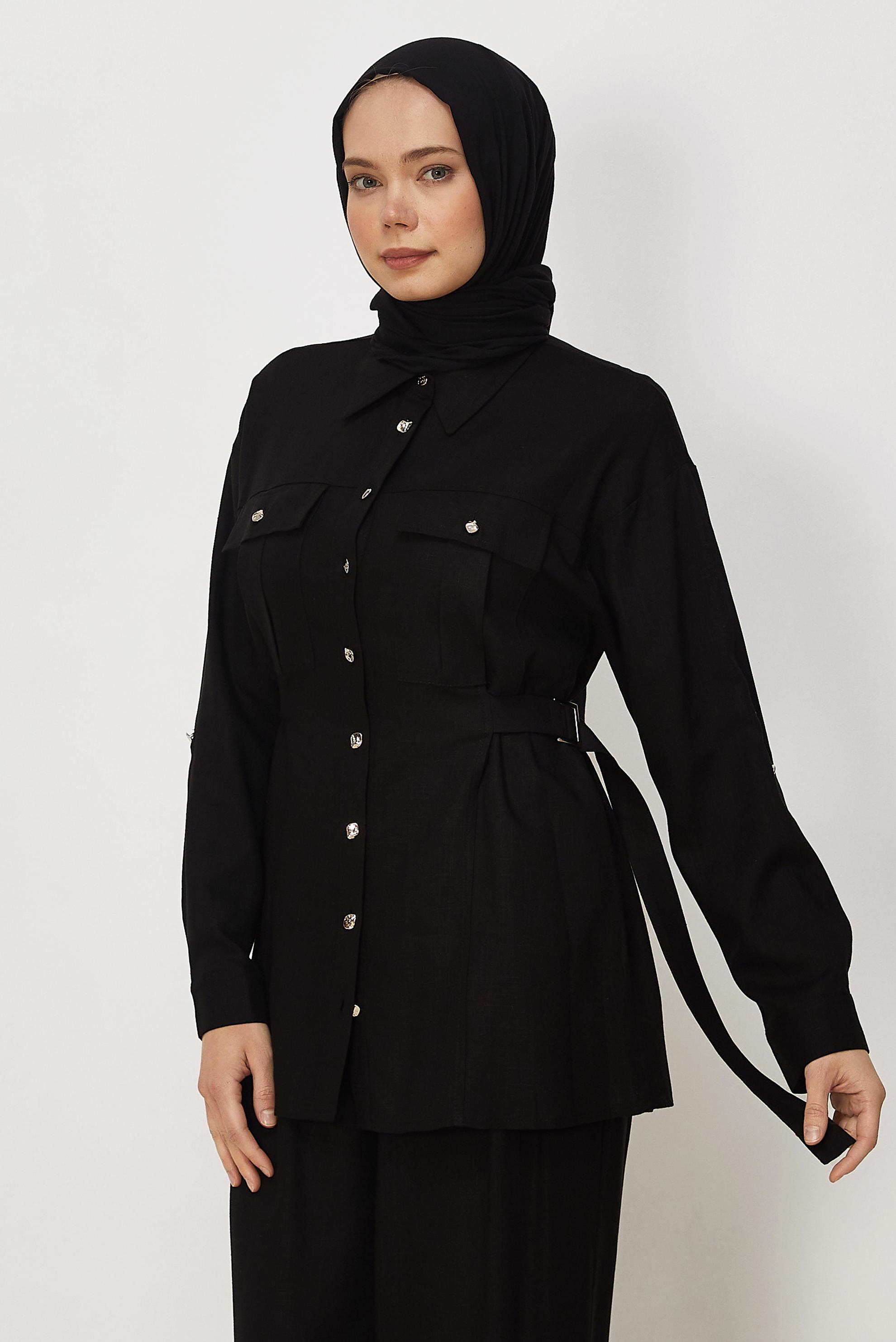 Tesettür giyim SİYAH PANTOLONLU KETEN TAKIM 46520