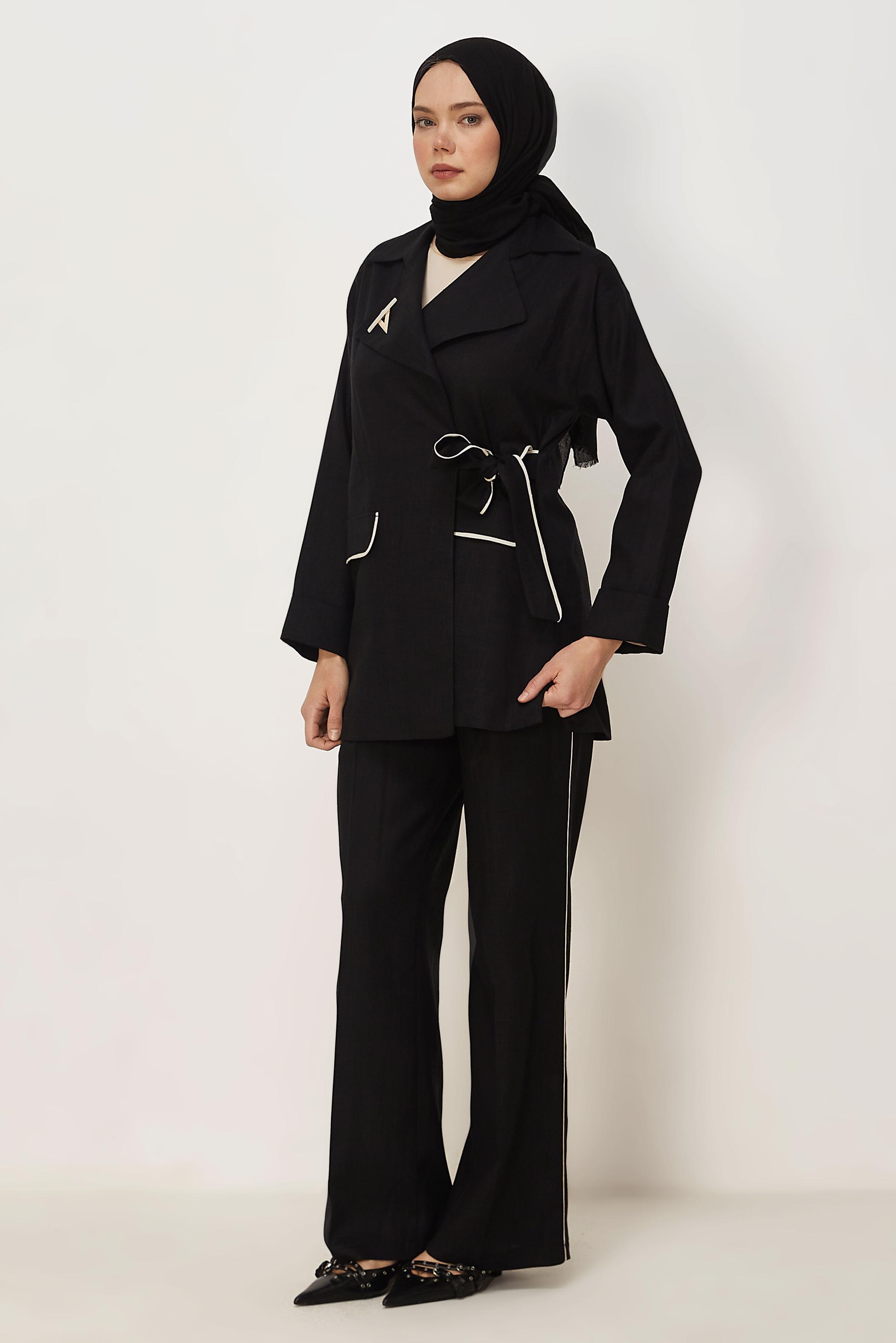 Vêtements hijab NOIR ENSEMBLE PANTALON EN LIN NOUÉ 46607