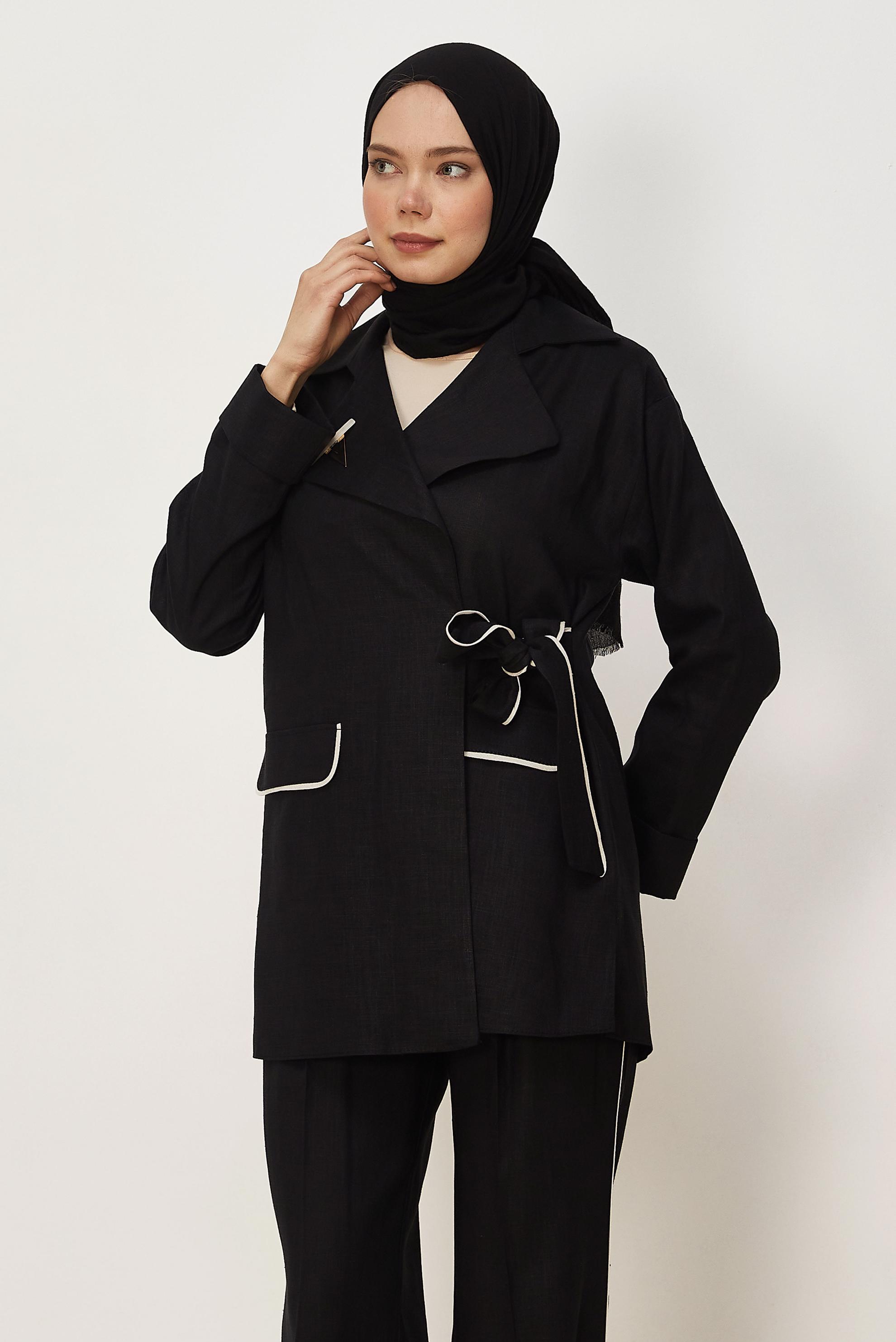Vêtements hijab NOIR ENSEMBLE PANTALON EN LIN NOUÉ 46607