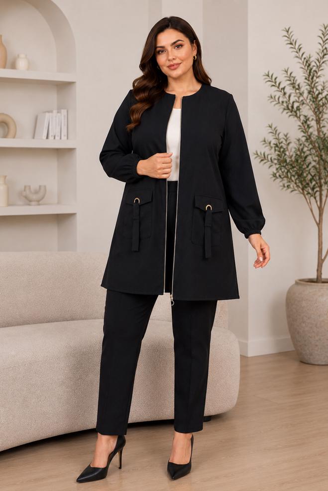 Hijab clothing BLACK PLUS SIZE ZIPPERED TUNIC 20787 - ALVİNA