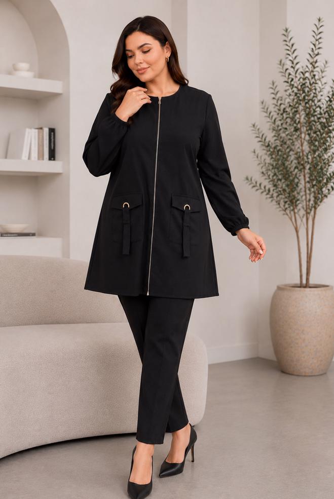 Hijab clothing BLACK PLUS SIZE ZIPPERED TUNIC 20787 - ALVİNA