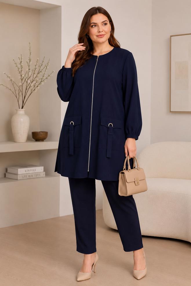 Hijab clothing NAVY BLUE PLUS SIZE ZIPPERED TUNIC 20787 - ALVİNA