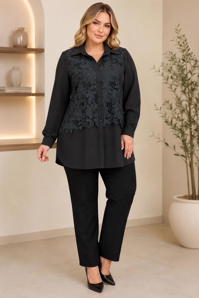 Hijab clothing BLACK GUIPURE DETAIL TUNIC 20964 - ALVİNA