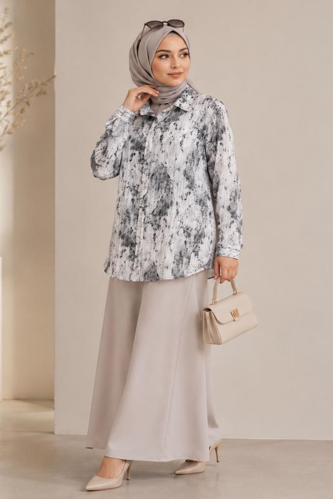 Hijab clothing BLACK PLUS SIZE PATTERNED SATIN TUNIC 20965 - ALVİNA