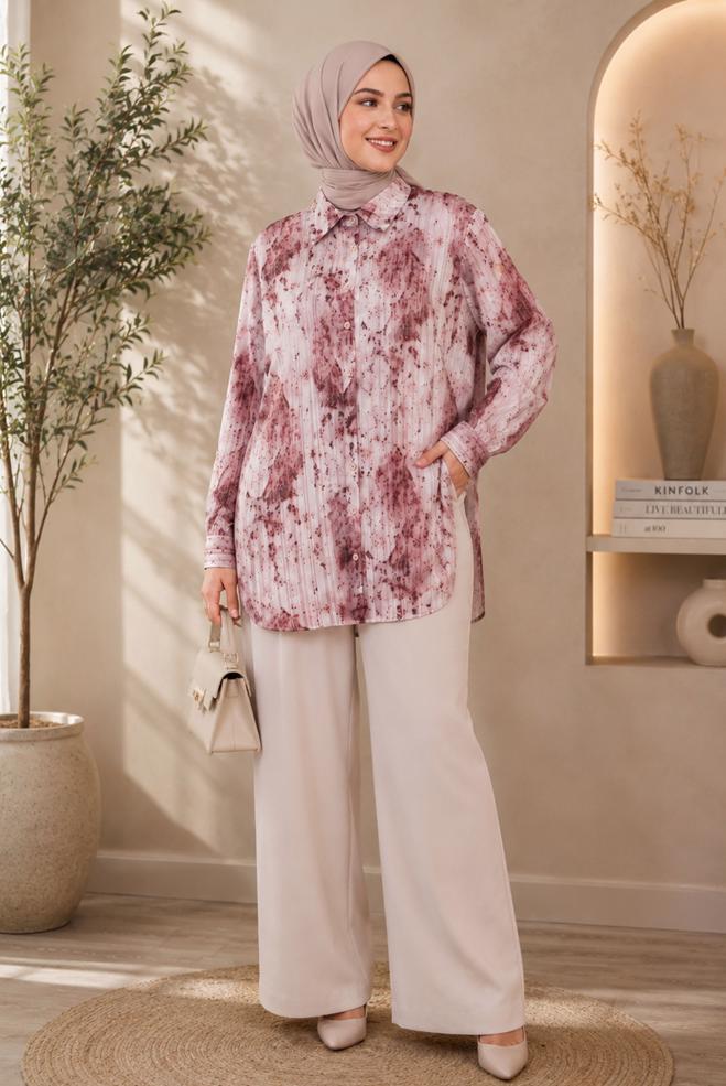 Hijab clothing BEIGE PLUS SIZE PATTERNED SATIN TUNIC 20965 - ALVİNA