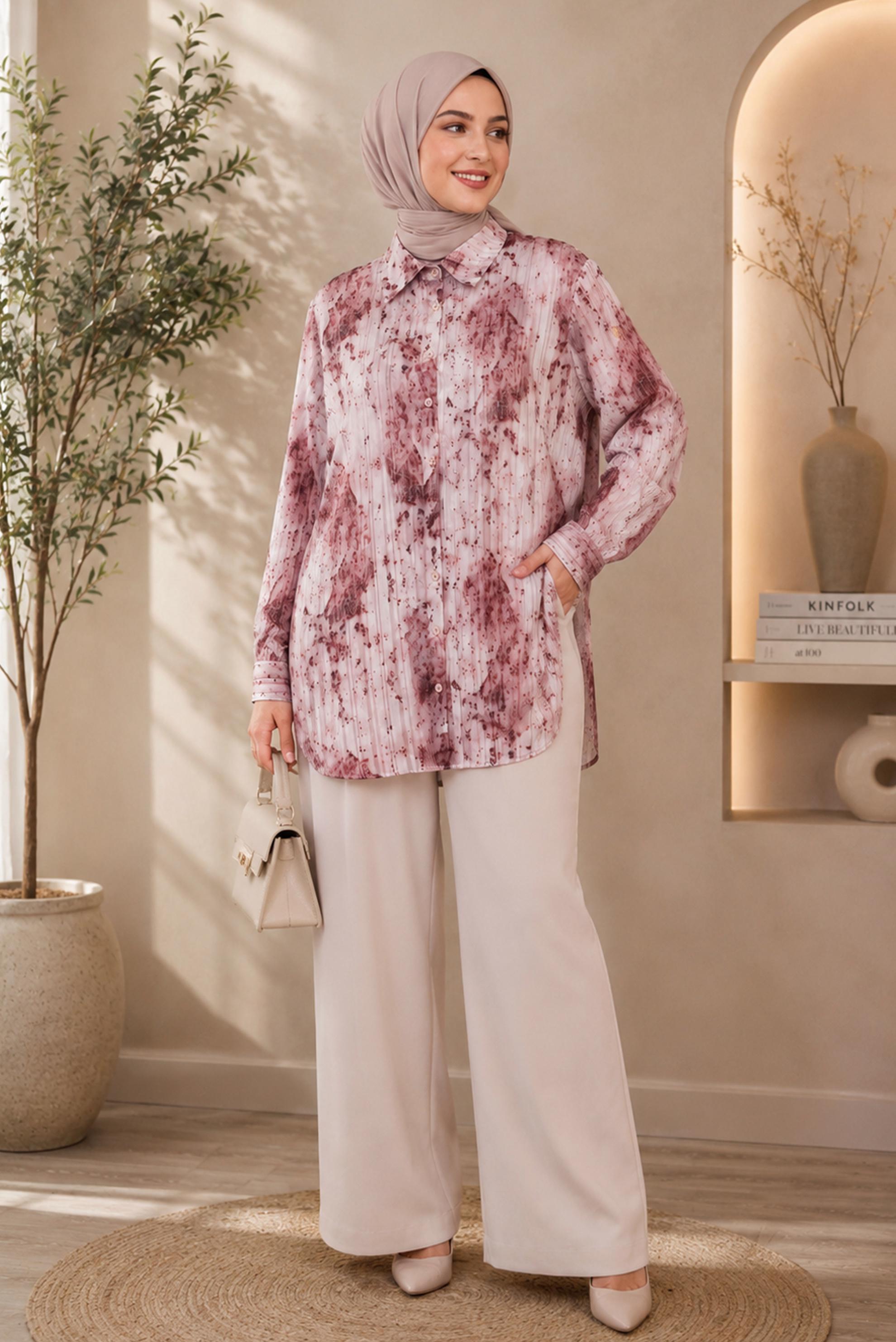 Hijab clothing BEIGE PLUS SIZE PATTERNED SATIN TUNIC 20965
